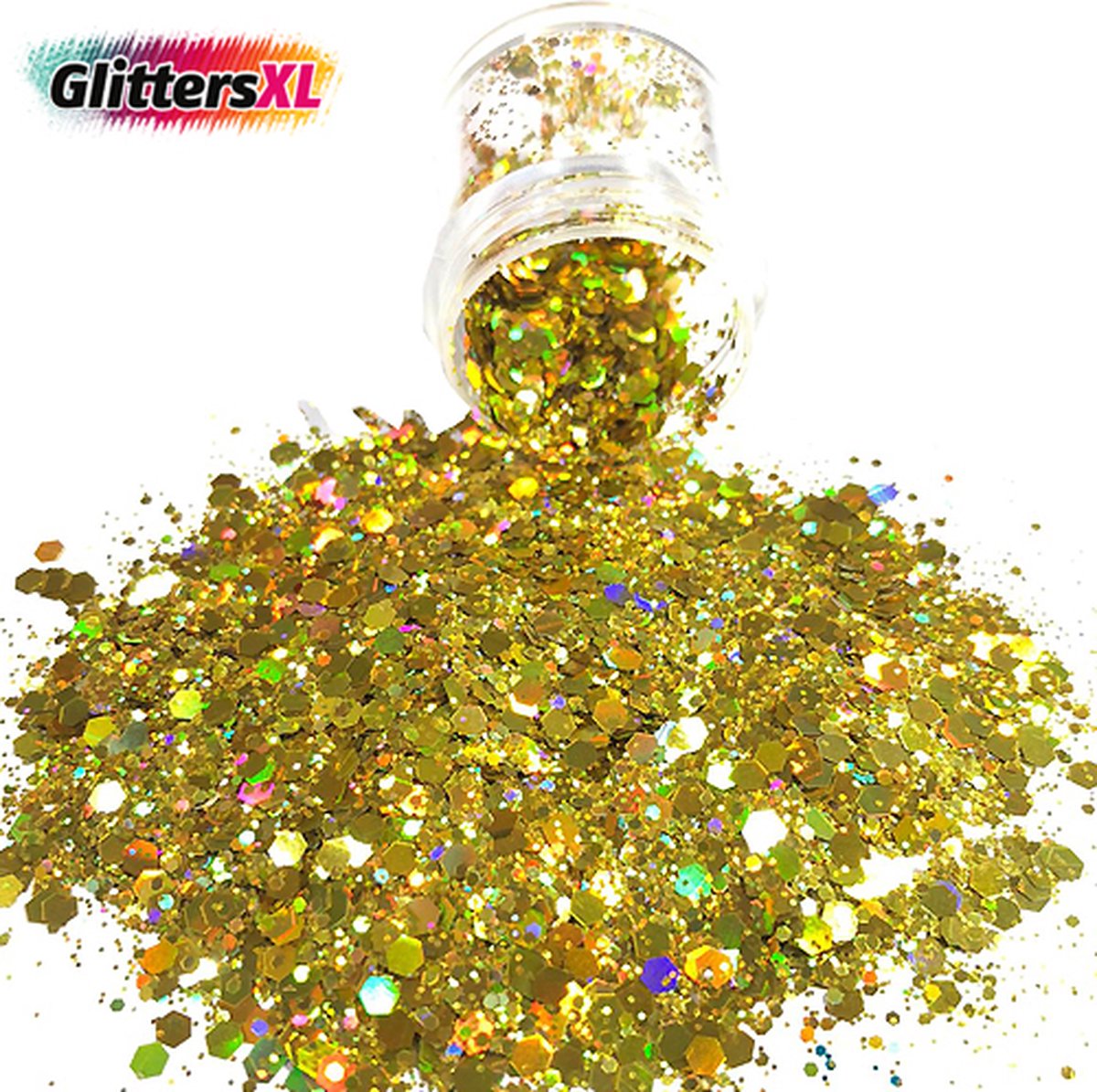 GlittersXL - Chunky Glitters (Goud) (Volume 8g) + Glitter Huid Lijm [Festival Makeup Gezicht Lichaam - Face Body Glitter - Biologisch afbreekbaar - Versiering Dames Volwassen Kinderen]